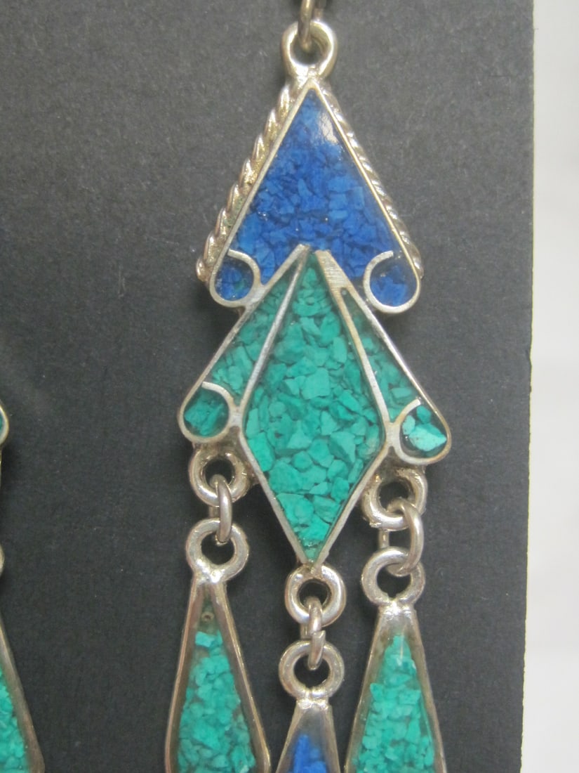 Vintage Mexican Mosaic Stone Inlay Earrings - 2