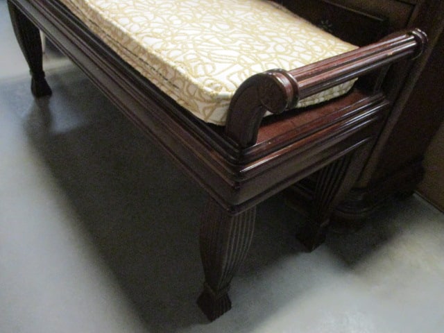 Dark Cherry Elmwood Scrolled Armrests Bench with Removable Upholstered Seat Cushion - 4