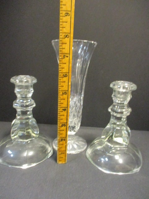 Vintage Crystal Vase and Pair of Glass Candle Holders - 7