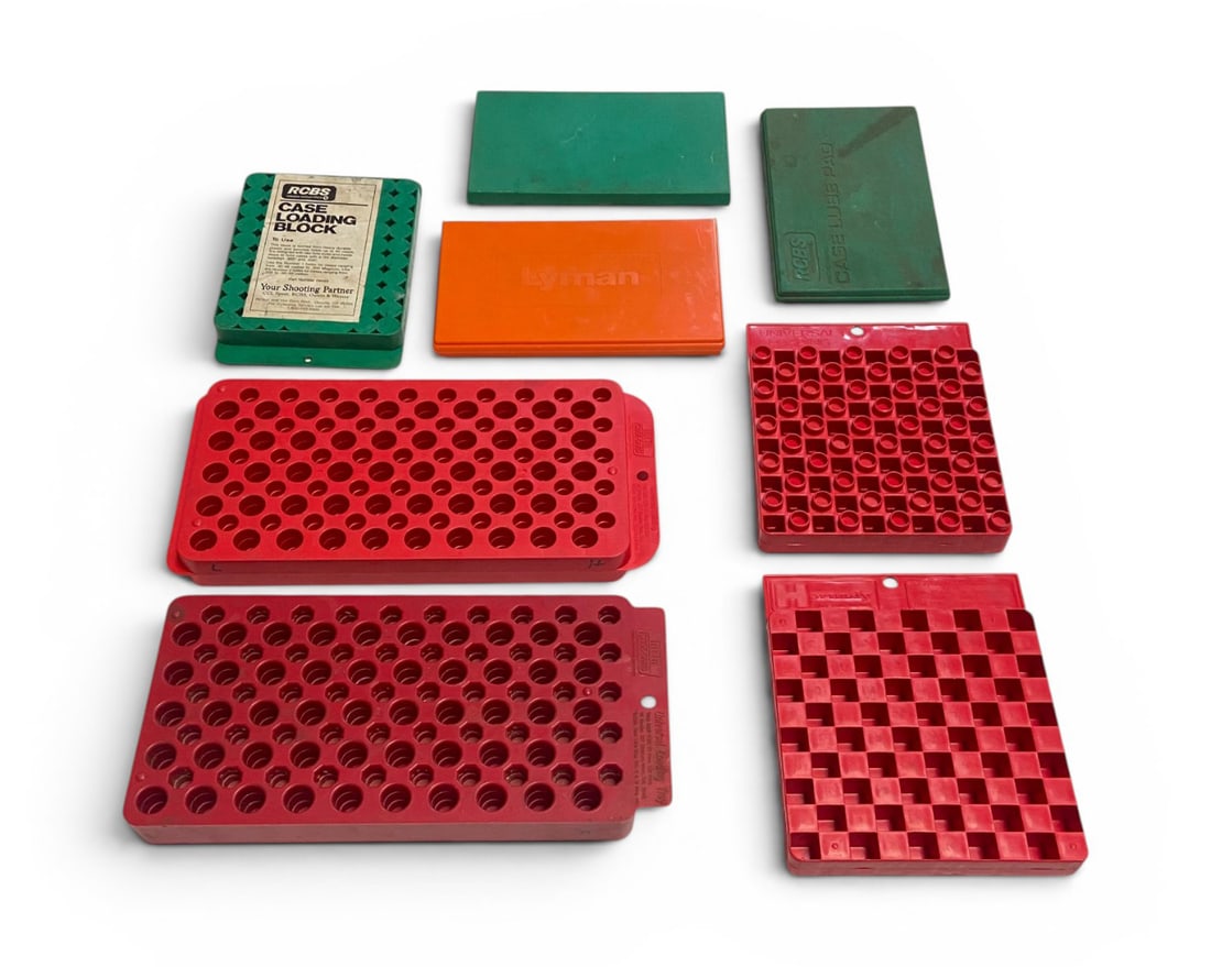 Lot of Reloading Trays and Lube Trays: RCBS Case Lube pad, Lyman case lube pad, RCBS case loading block, NTN Case Card (17REM, 223 REM, 38SPL, 357MAG, and more), Hornady Tray (223, 222, 408, and much more), Hornady Tray (.357, .338, .300,