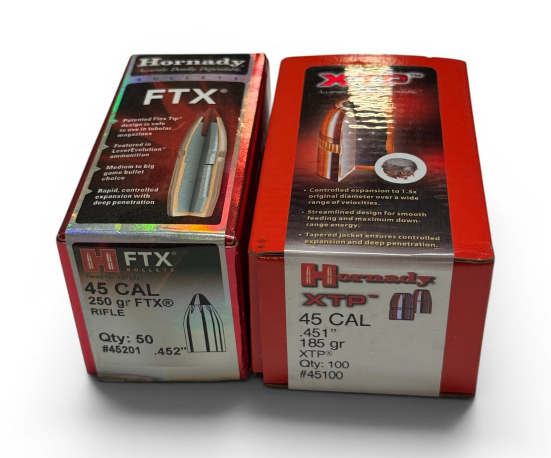 4.4 Lbs. of .45 CAL. Hornady Bullets: 2.7 Lbs. of Hornady XTP 185gr., 1.7 Lbs. of Hornady 250gr. FTX