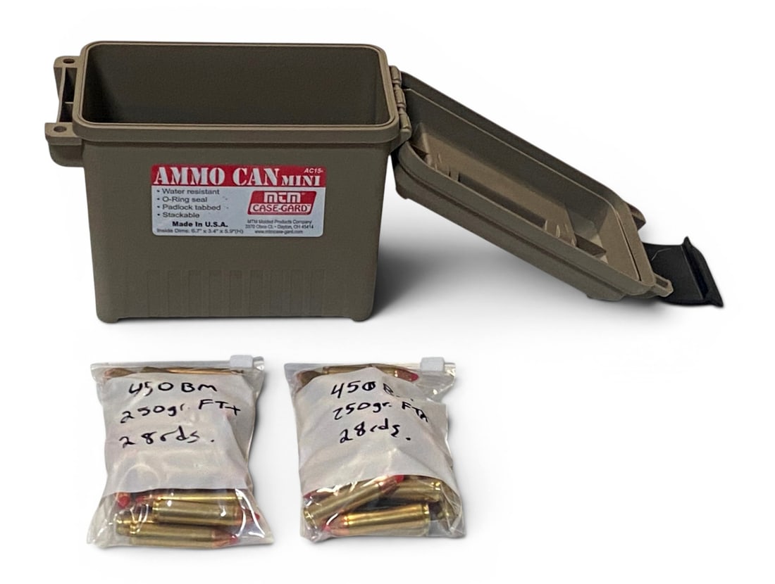 56rds. Of .450 BUSHMASTER 250gr. FTX Hornady Possible Reloaded Ammunition in Plastic Ammo Can (1 of 3)