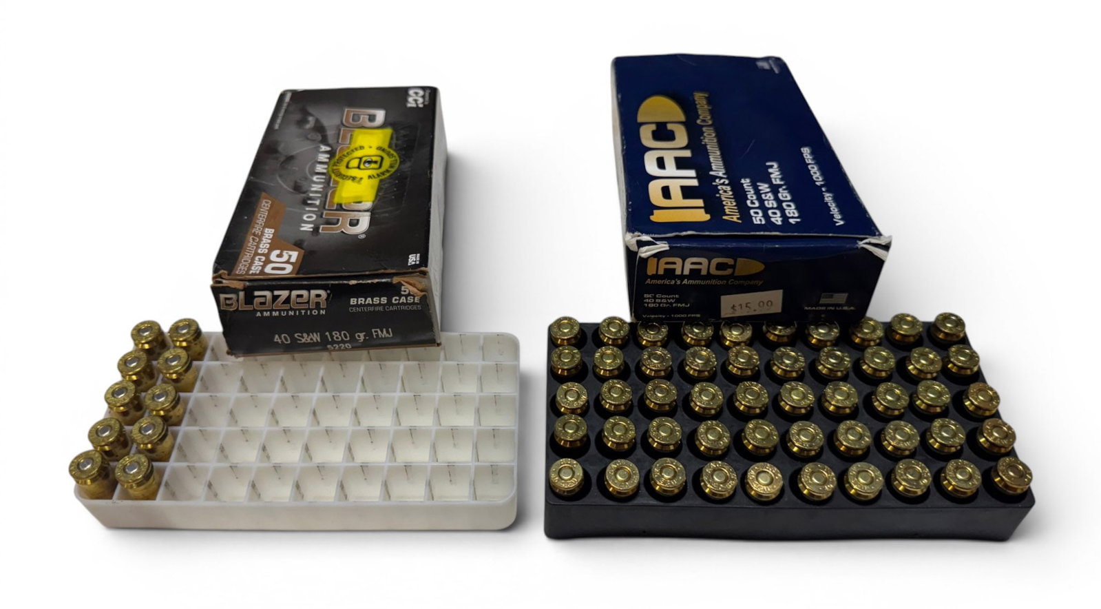 60rds. Of .40 S&W Ammunition: New in box 50rds. Of .40 S&W AAC 180gr. FMJ, 10rds. Of Blazer .40 S&W 180gr. FMJ