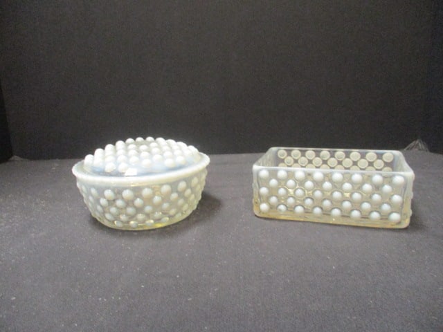 Vintage Anchor Hocking "Moonstone" Opalescent Hobnail Round Lidded Dish: and Rectangle Dish, 2" (no lid) and 3"