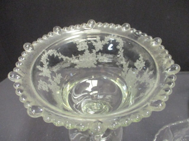 Vintage Etched Glass Compote, Covered Candy Dish and Basket - 2