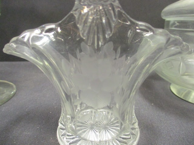 Vintage Etched Glass Compote, Covered Candy Dish and Basket - 7