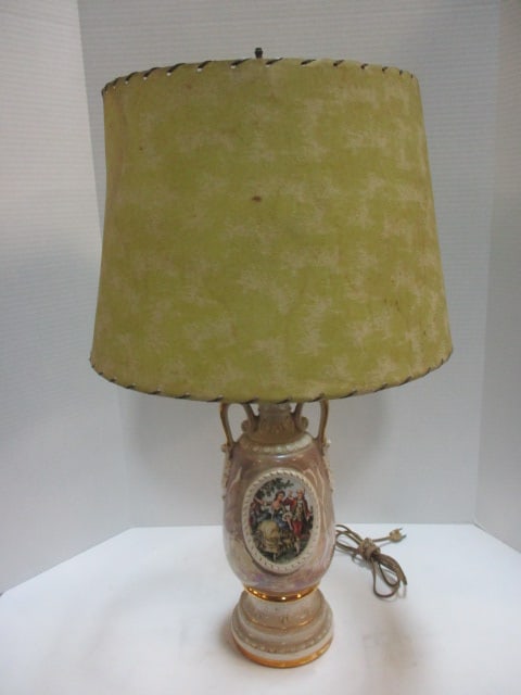 Vintage Handpainted "George and Martha Washington" Porcelain Lamp with: Green Shade, 29"