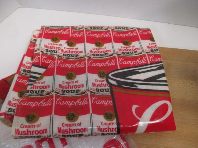 2 Campbell Soup Aprons, Kitchen Clutter Teapot, and Wood Cutting Board - 2