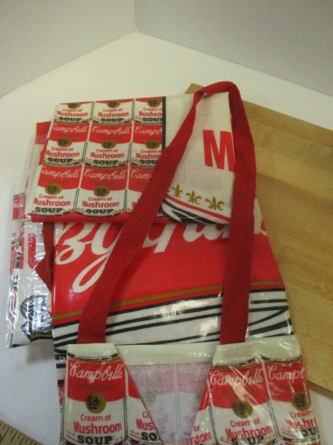 2 Campbell Soup Aprons, Kitchen Clutter Teapot, and Wood Cutting Board - 3