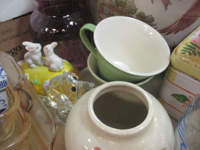 Table Lot - Crystal, Glasses, Pottery, Plates, Vases, Knives, Flatware, Tins, etc. - 7