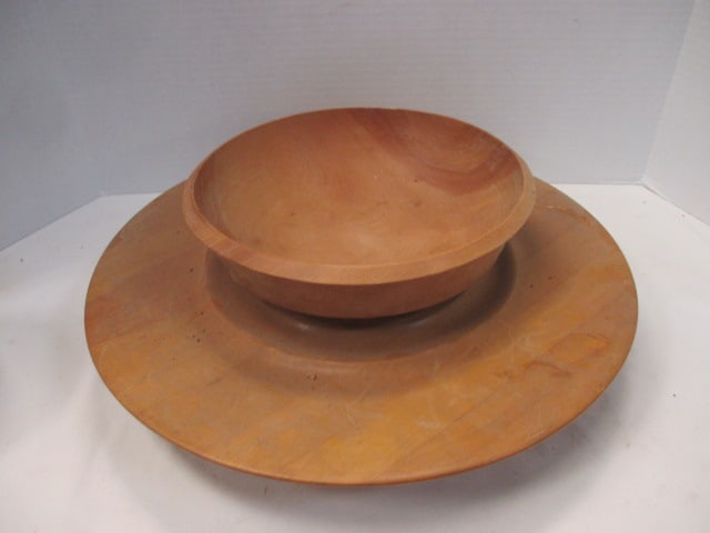 Vintage Woodpepper Woodware Lazy Susan, Bowls, and Serving Spoon & Fork - 2