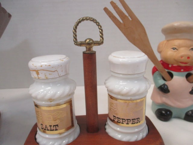 Grouping of Vintage Wood and Ceramic Kitchen Items - Salt & Pepper Shakers, - 2