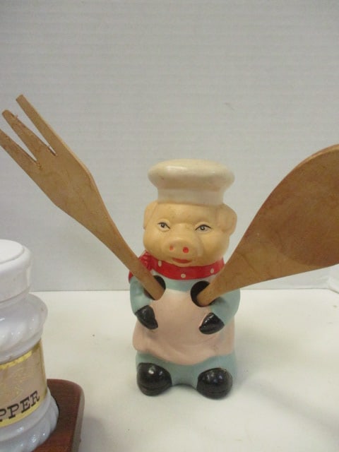 Grouping of Vintage Wood and Ceramic Kitchen Items - Salt & Pepper Shakers, - 7