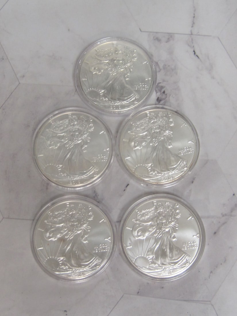 Lot of 5 2019 UNC. American Eagle One Ounce Fine Silver Dollars: .