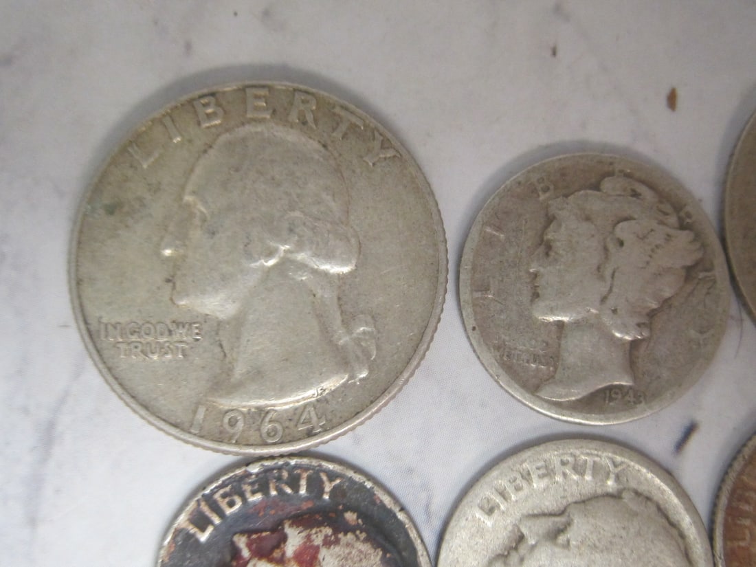 Lot of 3 Silver Washington Quarters, 1 Mercury Dime, & 3 Silver Roosevelt Dimes - 2