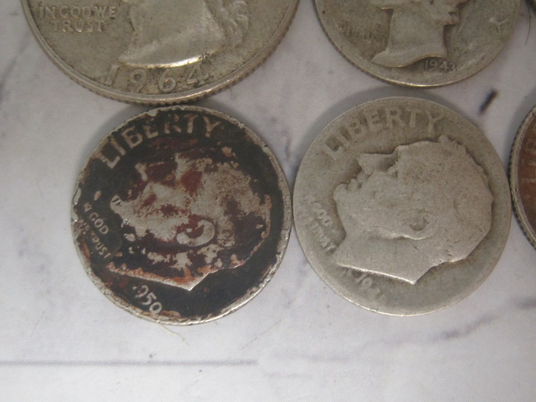 Lot of 3 Silver Washington Quarters, 1 Mercury Dime, & 3 Silver Roosevelt Dimes - 3