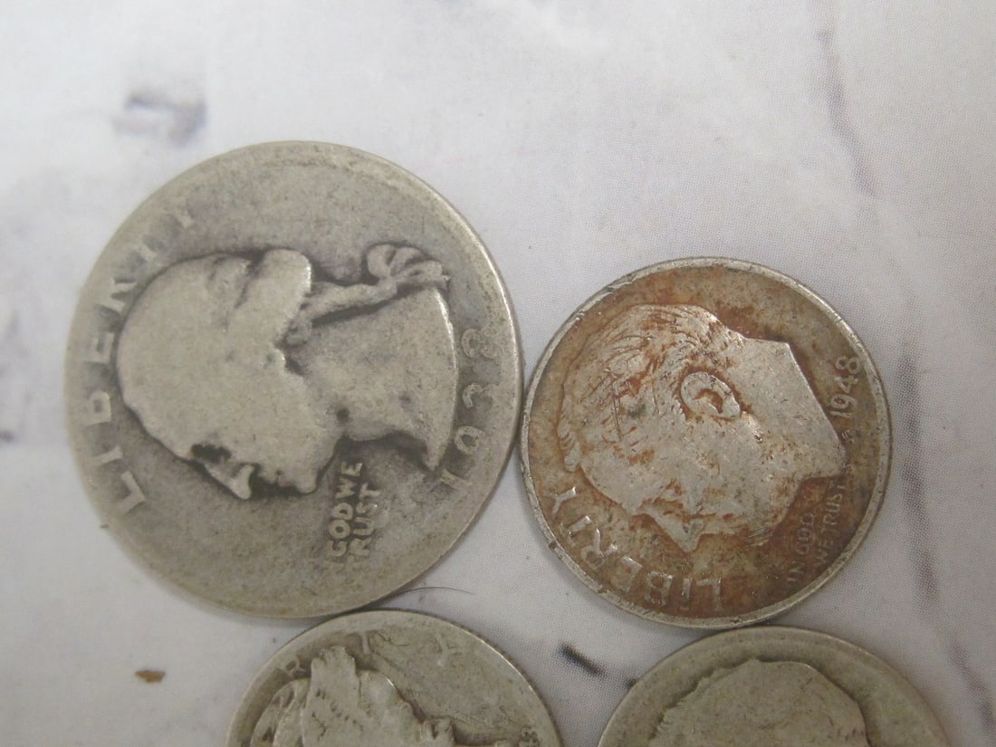 Lot of 3 Silver Washington Quarters, 1 Mercury Dime, & 3 Silver Roosevelt Dimes - 4