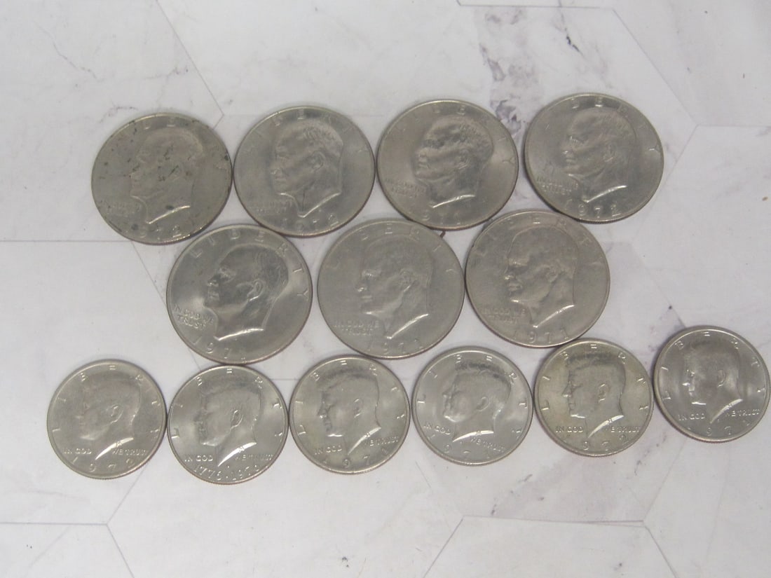 Lot of 7 Eisenhower Dollars & 6 Kennedy Half Dollars: Kennedy Half Dollars- 1971 (3), 1972 (2), & 1976