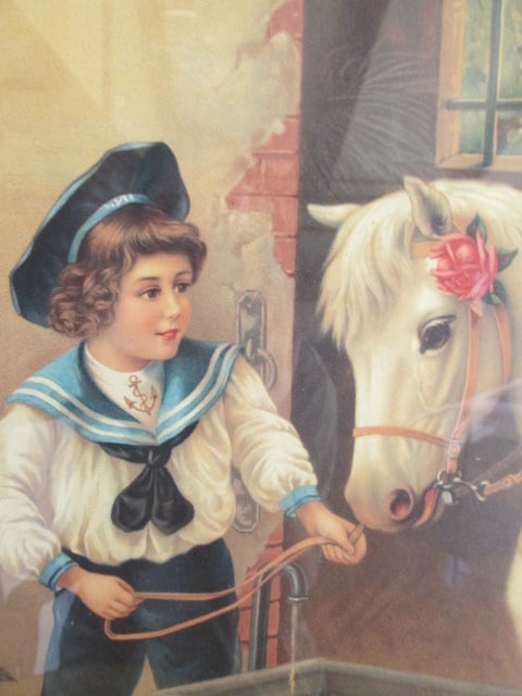 Framed Vintage Victorian Children with Dog and Pony Lithograph Print - 2