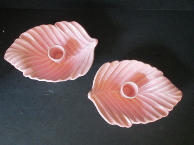 Pair of Pink USA Pottery Leaf Form Candle Holders - 2