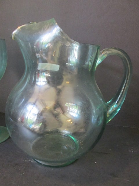 Green Glass Pitcher and Stem Set - 2