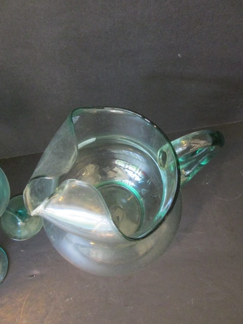 Green Glass Pitcher and Stem Set - 3