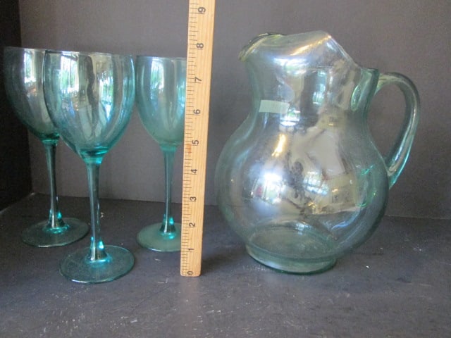 Green Glass Pitcher and Stem Set - 6