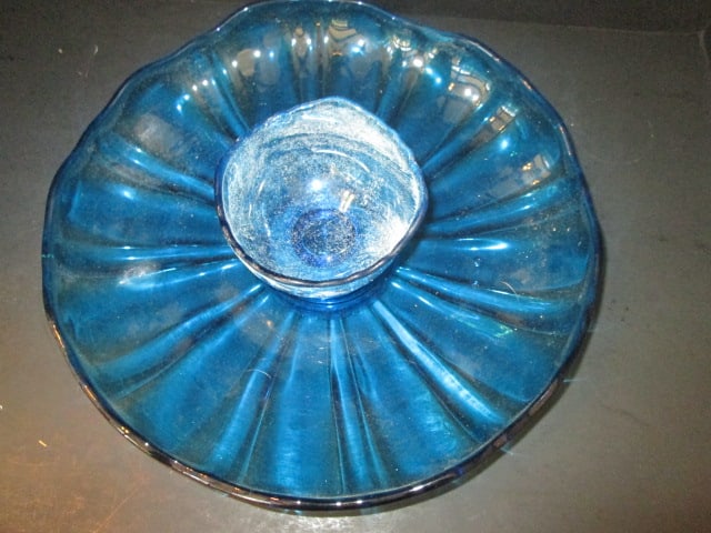 Midcentury Blue Glass Chip & Dip Set - 2