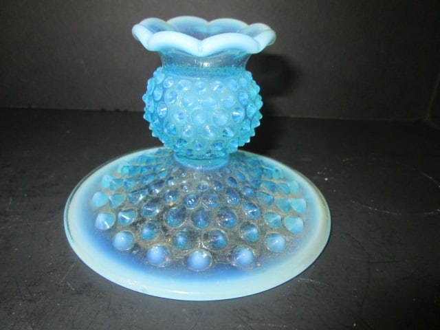 Pair of Fenton Blue Opalescent Hobnail Candle Holders and Daisy & Button Baby Shoe - 2