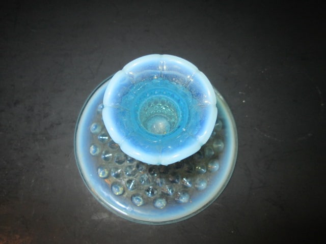 Pair of Fenton Blue Opalescent Hobnail Candle Holders and Daisy & Button Baby Shoe - 3