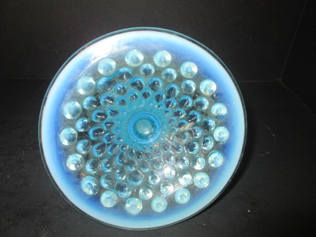 Pair of Fenton Blue Opalescent Hobnail Candle Holders and Daisy & Button Baby Shoe - 4