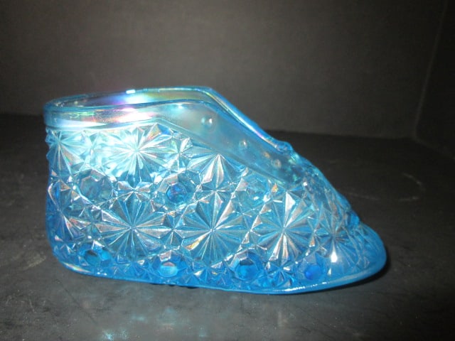 Pair of Fenton Blue Opalescent Hobnail Candle Holders and Daisy & Button Baby Shoe - 5