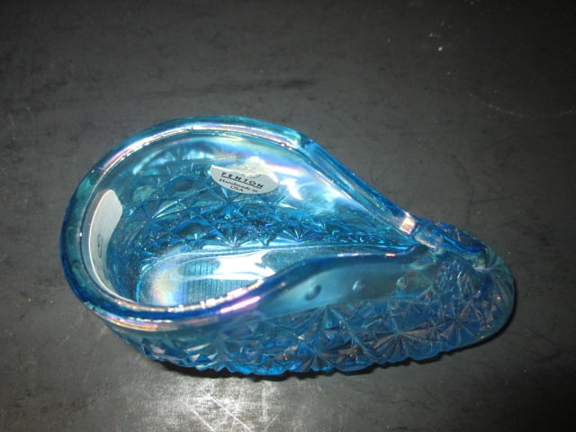 Pair of Fenton Blue Opalescent Hobnail Candle Holders and Daisy & Button Baby Shoe - 6