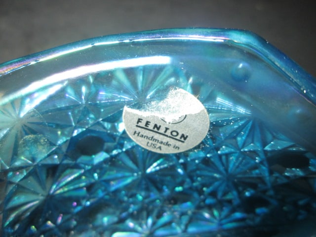 Pair of Fenton Blue Opalescent Hobnail Candle Holders and Daisy & Button Baby Shoe - 7