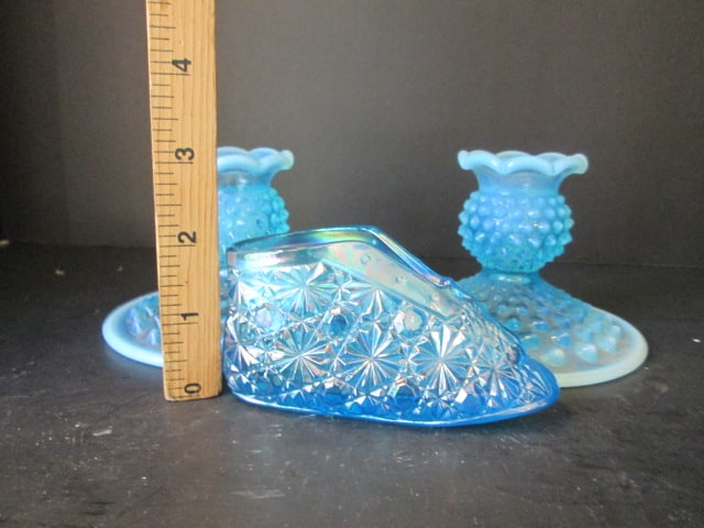 Pair of Fenton Blue Opalescent Hobnail Candle Holders and Daisy & Button Baby Shoe - 8