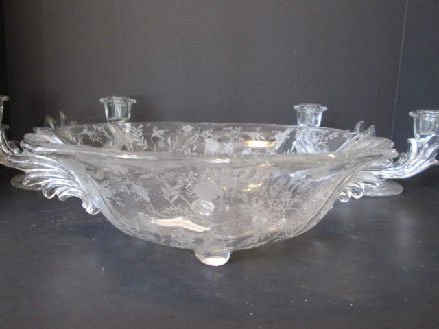 Vintage Etched Rose Point Elegant Glass Footed Centerpiece and Pair of Double Candle Holders - 2