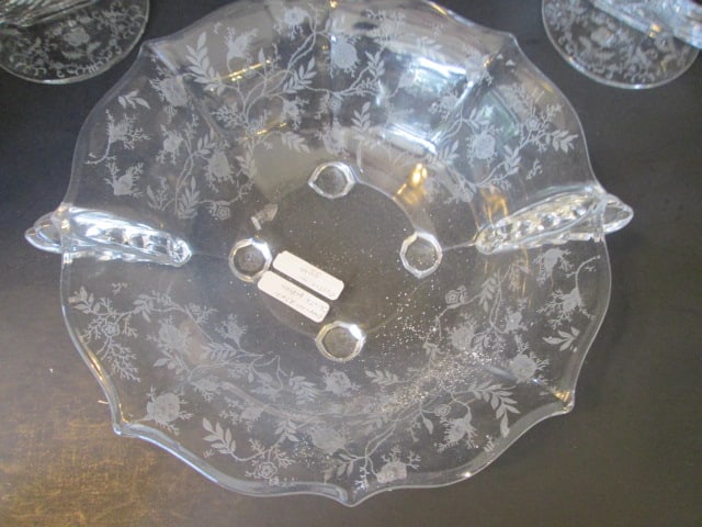 Vintage Etched Rose Point Elegant Glass Footed Centerpiece and Pair of Double Candle Holders - 3