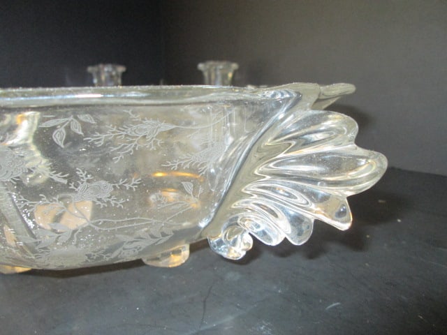 Vintage Etched Rose Point Elegant Glass Footed Centerpiece and Pair of Double Candle Holders - 4