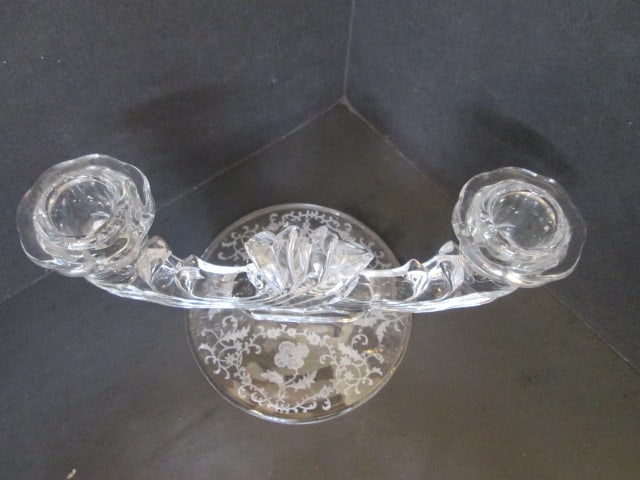 Vintage Etched Rose Point Elegant Glass Footed Centerpiece and Pair of Double Candle Holders - 7