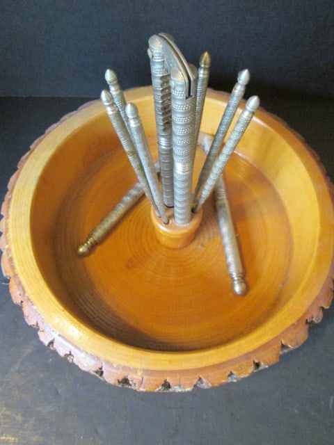 Midcentury Live Edge Wood Nut Bowl with Nut Cracker-Pick Set - 3