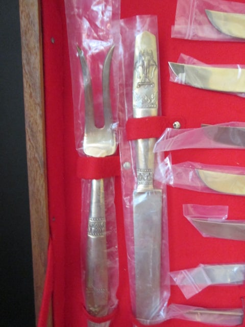 Set of Midcentury Indonesian Solid Brass Flatware in Wood Storage Case - 2