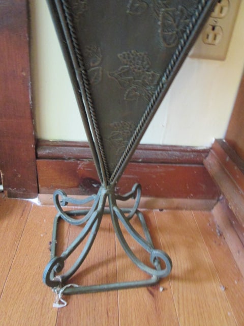 Patina Finish Embossed Wrought Metal Umbrella Stand and Vintage Parasol - 2