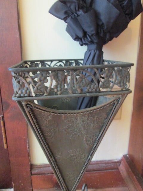 Patina Finish Embossed Wrought Metal Umbrella Stand and Vintage Parasol - 3
