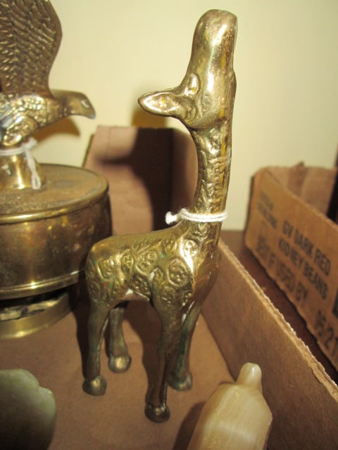 Brass Giraffe Figurine, Brass Eagle Musical Figurine and Three Carved Onyx Animal Figurines - 2
