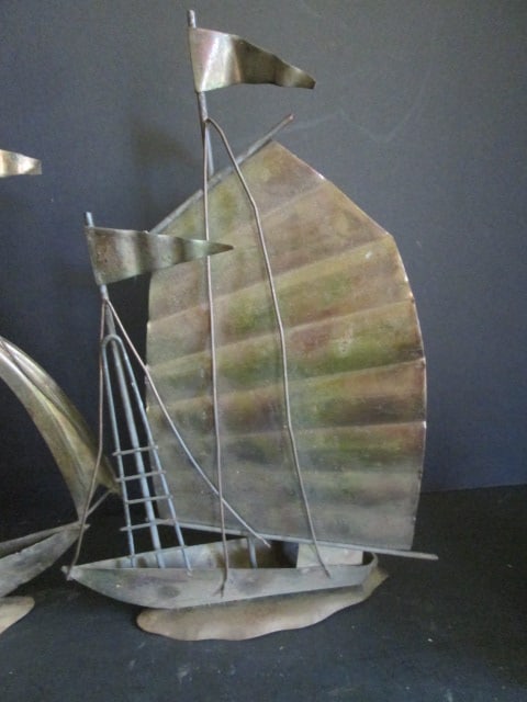Two Copper Tone Metal Sail Boat Plaques/Table Decoration and Art Glass Paperweight - 3