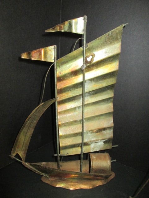 Two Copper Tone Metal Sail Boat Plaques/Table Decoration and Art Glass Paperweight - 5
