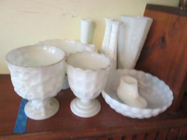 Milk/White Glass Vases, Planter, Baby Shoe and Bowl: See pictures and preview, Bring Boxes, Local Pickup Only