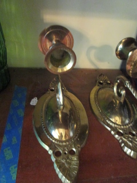 Pair of Brass Candle Stick Wall Sconces - 3