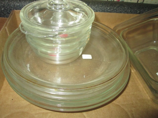 Pyrex and Fire King Clear Pie Plates, 8x8 Baker, Small Loaf and Custard Cu[s - 2