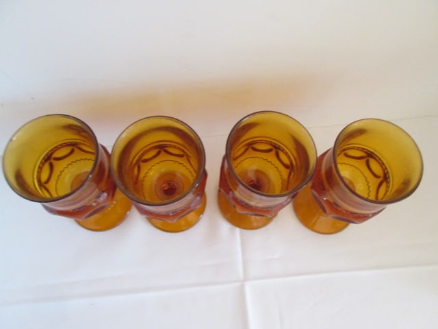 Four Midcentury Amber Glass Kings Crown/Thumbprint Goblets - 2